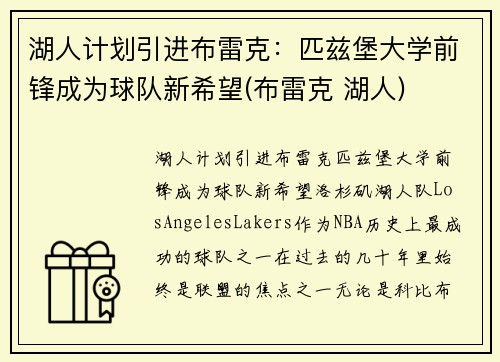 湖人计划引进布雷克：匹兹堡大学前锋成为球队新希望(布雷克 湖人)