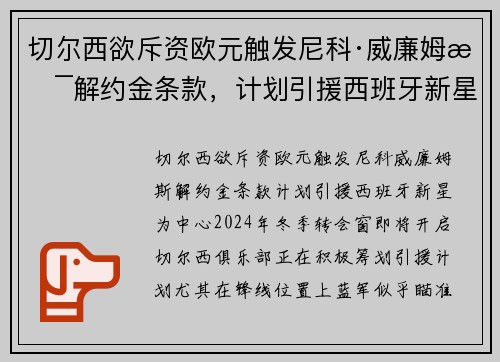 切尔西欲斥资欧元触发尼科·威廉姆斯解约金条款，计划引援西班牙新星