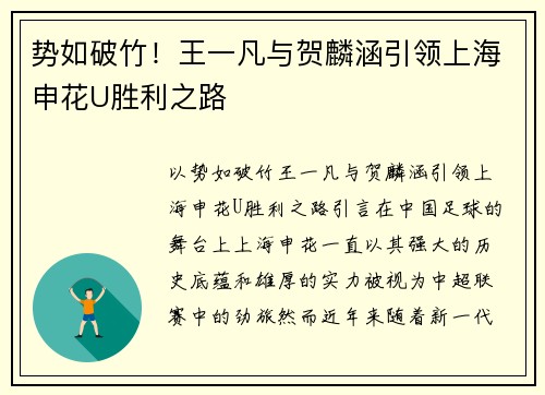 势如破竹！王一凡与贺麟涵引领上海申花U胜利之路
