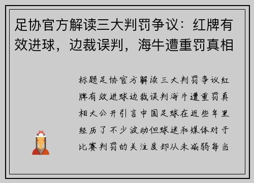 足协官方解读三大判罚争议：红牌有效进球，边裁误判，海牛遭重罚真相大公开