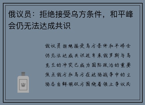 俄议员：拒绝接受乌方条件，和平峰会仍无法达成共识