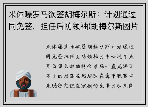 米体曝罗马欲签胡梅尔斯：计划通过同免签，担任后防领袖(胡梅尔斯图片)